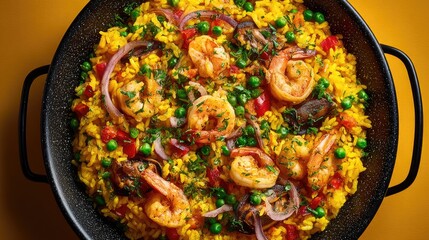 Spain dish Paella Saffron rice with seafood yellow with colorful toppings