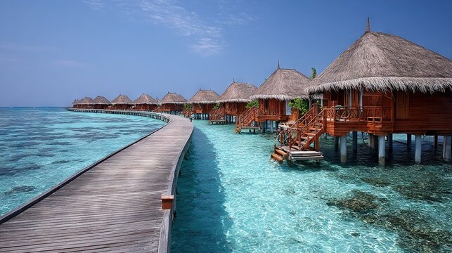 Curved wooden boardwalk leads to thatched overwater bungalows above crystal-clear turquoise lagoon, framed by a bright sky and serene tropical waters