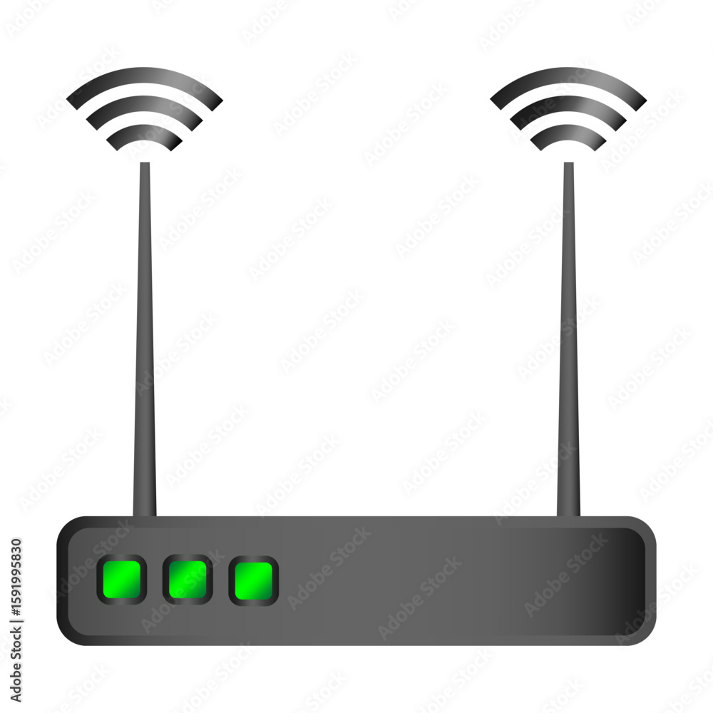 Poster wi fi router. dual antenna device. network indicator lights. vector internet graphic.
