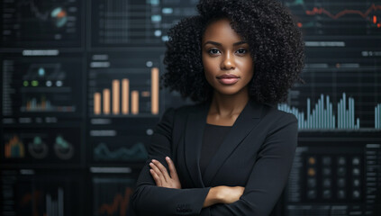 Portrait of an African American woman with curly hair standing in front of digital data visualization and graphs on a black screen.