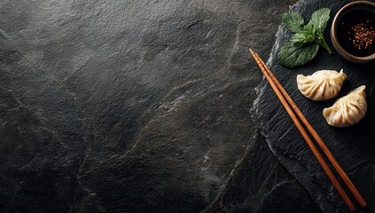 Asian dumplings on dark stone