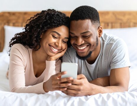Happy couple looking at phone in bed