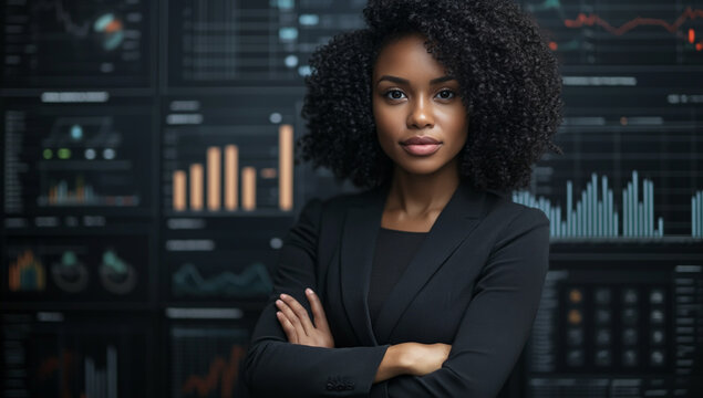 Portrait of an African American woman with curly hair standing in front of digital data visualization and graphs on a black screen.