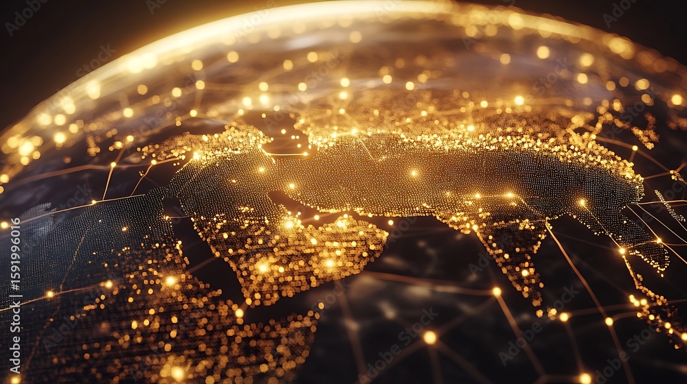 Poster global network connection concept showing asia and middle east with lights