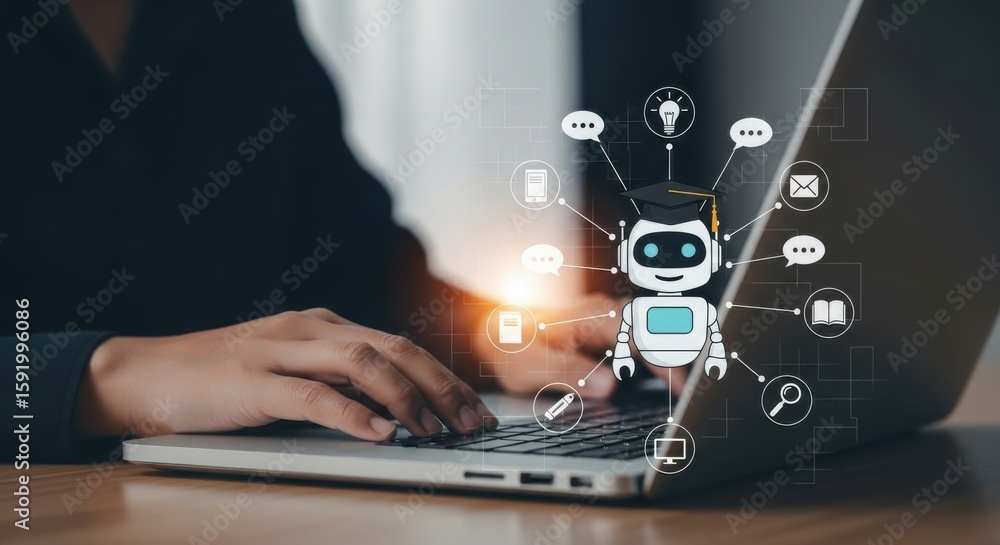 Aufkleber person using laptop with a i robot and educational technology icons artificial intelligence chatbot