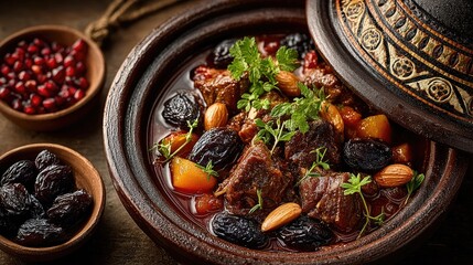 Morocco dish Tagine Slow-cooked stew in conical clay pot tender meat with prunes and almonds