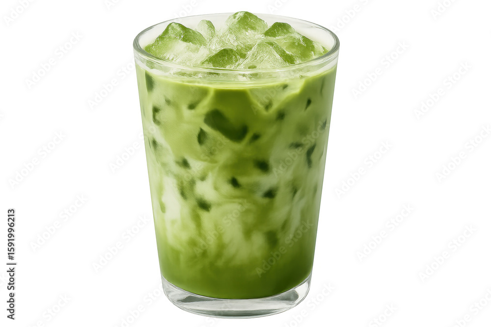 Poster chilled matcha latte with floating ice cubes, gleaming in transparent glass and minimal backdrop