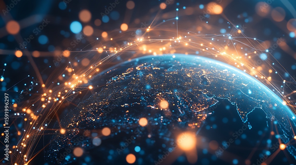 Aufkleber global connection network planet earth seen from space with digital links
