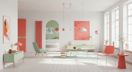 A bright living room showcases modern interior design with pastel furniture, including chairs, tables, and artwork, creating a stylish and inviting space with natural light.