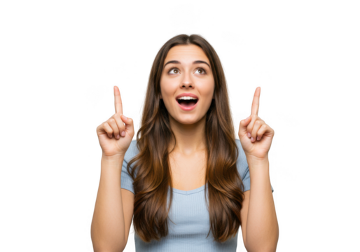 Young woman pointing up with excitement isolated on transparent background transparent background