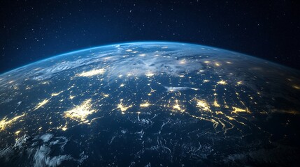 Earth From Space with City Lights Glowing Under Cloudy Sky