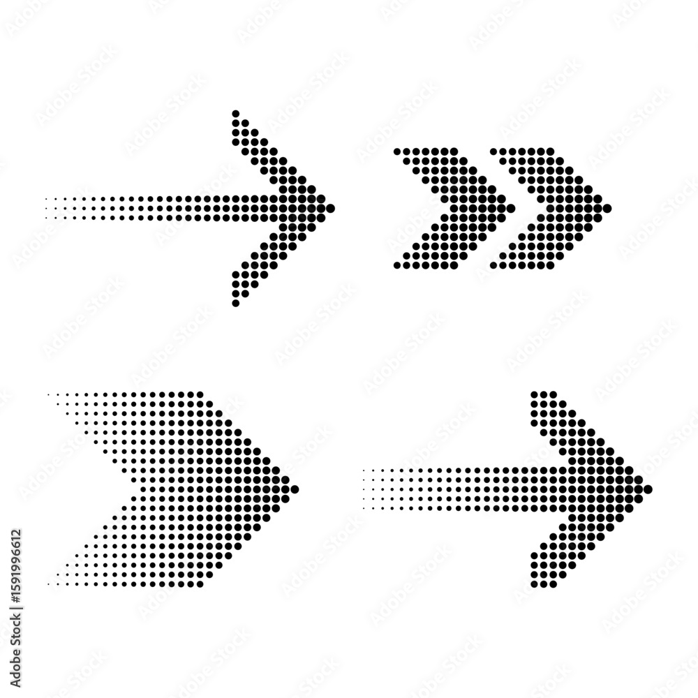 Poster dotted arrow icons. halftone pixel effect. direction pointer vector. progress movement signs.