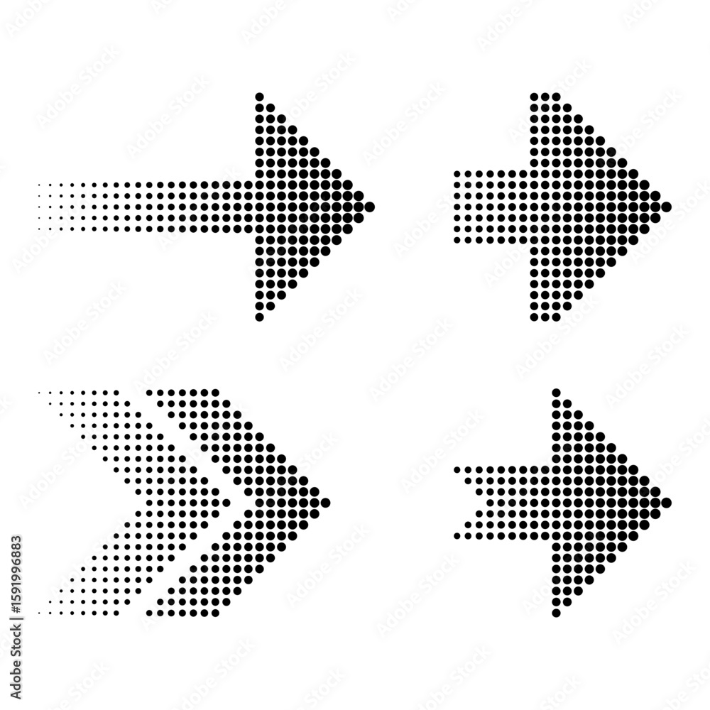 Poster halftone arrow set. dotted direction icons. pixel gradient vector. dynamic pointer symbols.