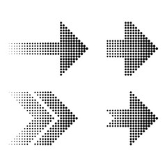 Halftone arrow set. Dotted direction icons. Pixel gradient Vector. Dynamic pointer symbols.