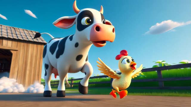 cow with a chick on a farm