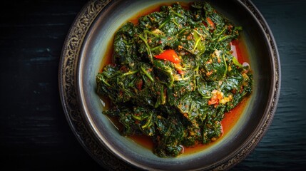 Sierra Leone dish Cassava Leaves Pounded leaves with palm oil dark green stew
