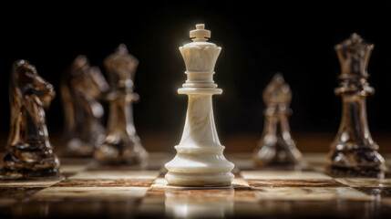 Fototapeta premium Elegant chess king surrounded by metallic pieces on a chessboard, emphasizing strategy and leadership