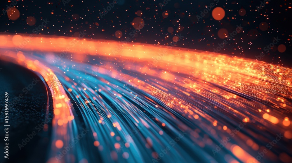 Poster abstract visualization of data transmission with vibrant light streaks and glowing particles