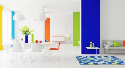 A bright interior showcases a modern dining table with white chairs, a blue vase holding yellow flowers, and colorful accents in a minimalist, contemporary design.