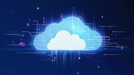 Cloud computing graphic with digital data streams on blue background showcases technology - Powered by Adobe