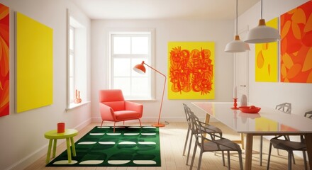 A modern living room showcases vibrant artwork, a coral armchair, and a green patterned rug, creating a stylish and inviting interior design with a bright and colorful aesthetic.