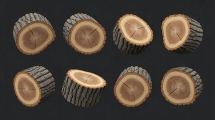 Eight Natural Wood Log Slices. Detailed Tree Rings, Rustic Bark Texture. Isolated on Dark Background. Ideal for Sustainable Design.