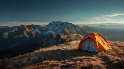 Tourist camping tent on mountain campsite at bright sunny evening. Active tourism and hiking concept