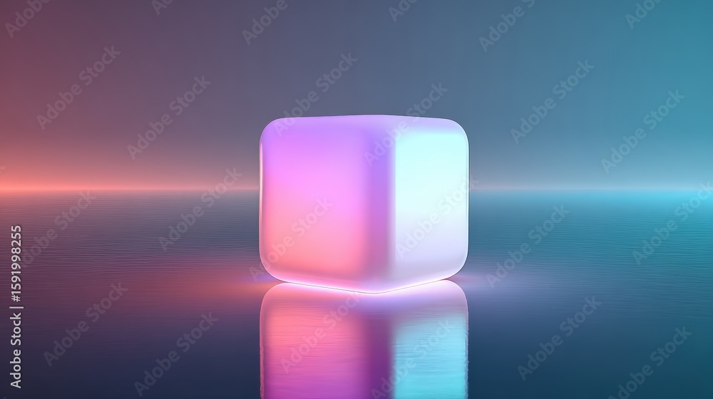 Aufkleber a glowing, translucent cube emits soft pink and blue light, reflected on a smooth surface with a gra