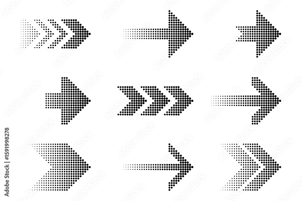 Poster dotted arrows collection. halftone pointer icons. directional vector symbols. gradient arrow shapes.