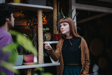 A young woman engages in a lively conversation with a male friend. She gestures expressively while...