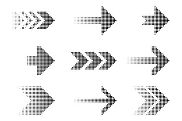 Dotted arrows collection. Halftone pointer icons. Directional vector symbols. Gradient arrow shapes.