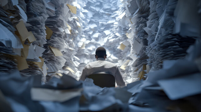 Overwhelmed office worker surrounded by towering stacks of paperwork in a chaotic workspace