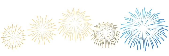 Fototapeta premium Vibrant Golden and Blue Fireworks Illustration Set on White, Ideal for Festive Celebrations, Holiday Events, and Joyous Occasions.
