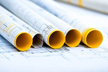 Close-up view of construction blueprints rolled for review