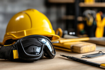 Close-up of construction gloves and tools in chaotic workspace