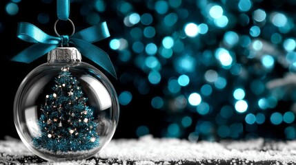 A Christmas tree ornament is displayed in a clear glass ball