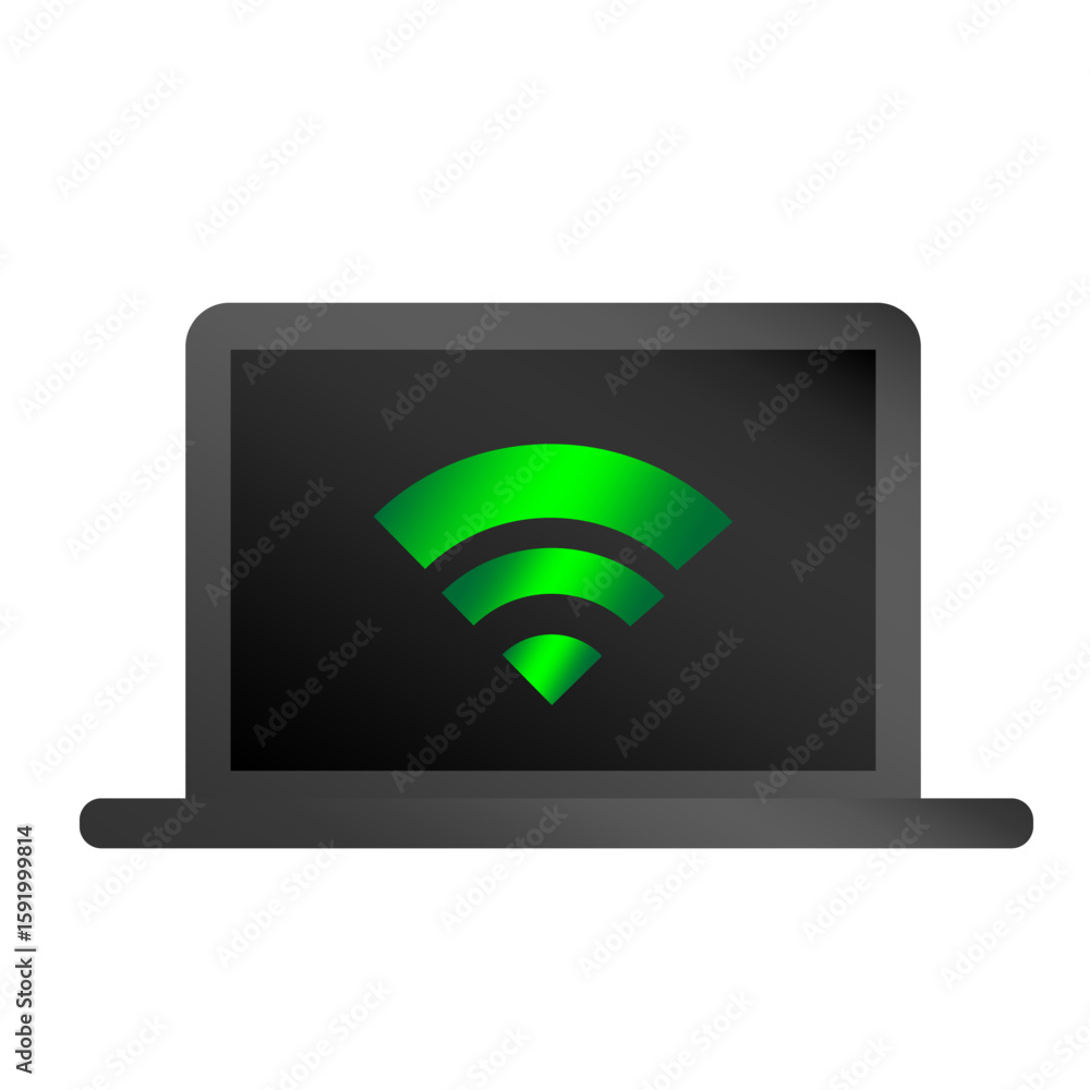 Poster laptop computer display. green wi fi signal. wireless connection vector. modern technology device.