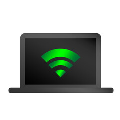 Laptop computer display. Green Wi Fi signal. Wireless connection Vector. Modern technology device.
