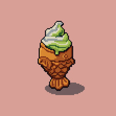 Vector pixel art illustration of a taiyaki soft serve ice cream in a traditional fish-shaped waffle cone. The swirl features matcha green tea and vanilla flavors, rendered in charming 16-bit