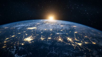 Obraz premium Earth From Space at Sunrise with City Lights and Starry Sky