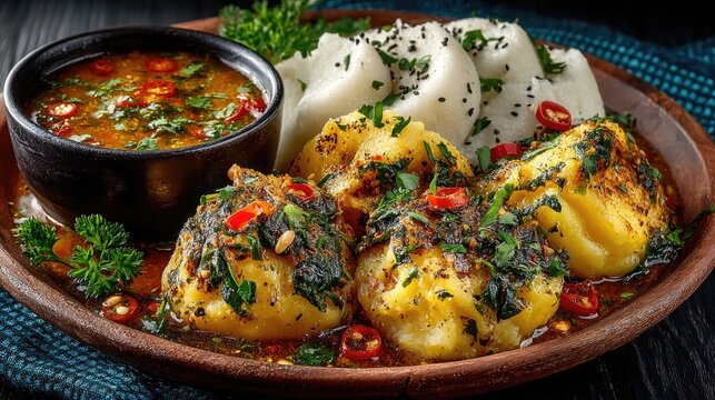 Liberia dish Fufu Pounded cassava dough served with pepper soup or palava sauce