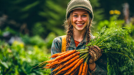 Happy woman harvesting fresh carrots in a lush garden