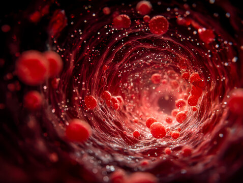 Dynamic view of blood flow inside a blood vessel with red blood cells and particles