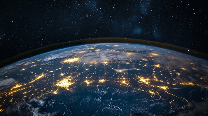 Obraz premium Earth From Space at Night Showing City Lights and Starry Sky