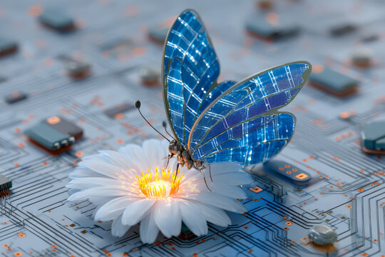 Futuristic butterfly perched on a blooming flower amidst a digital circuit landscape