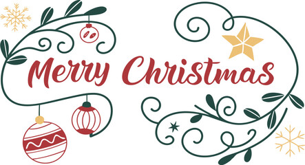 Merry Christmas Festive Design:  Ornate Script,  Ornaments,  Twirling Vines,  Gold Stars,  Red and Green Color Palette.