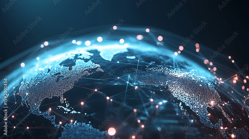 Poster global communication network shining with light connecting earth in technology age