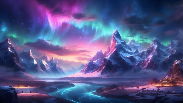 A glowing enchanted kingdom nestled in a radiant valley under vibrant auroras, fantasy and mythology desktop wallpaper backdrop, cinematic HDR vibrant theme colors, promo movie sales poster banner boo