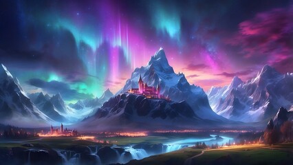 A glowing enchanted kingdom nestled in a radiant valley under vibrant auroras, fantasy and mythology desktop wallpaper backdrop, cinematic HDR vibrant theme colors, promo movie sales poster banner boo