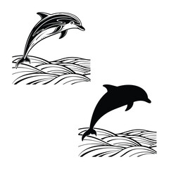 Naklejka premium Dolphin jumping over waves silhouette and outline isolated on on transparent background